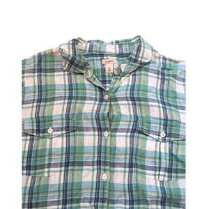 LL Bean Womens XL Plaid‎ Button Down Long Sleeve Shirt Green Blue Casual